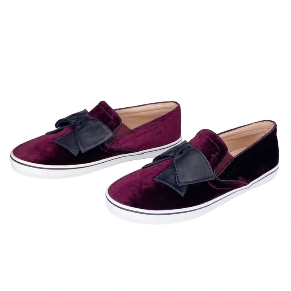 Kate Spade Sneakers Delise Velvet Size 7.5 Wine w/Black Faux Leather Bow New